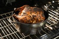 Seasoned whole chicken roasting in cast iron pot in oven Royalty Free Stock Photo