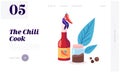 Seasoning Ingredient for Hot Food Dish Website Landing Page. Woman with Red Chili Pepper Sitting on Chilli Sauce Bottle