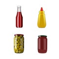 Seasoning sauce set. Tomato ketchup, mustard, bolognese sauce, olives in jar. Food ingredients. Vector graphic illustration