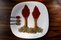 Seasonings and spices. Tree drawn with various spices. Three spoons containing spicy paprika, powdered cinnamon and dried rosemary