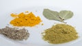 Seasonings on a white leaf in bulk: turmeric, cumin, hops suneli, Bay leaf