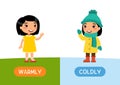 Seasons concept, COLDLY and WARMLY. Childish flash card with antonyms vector template. Educational word card for english language