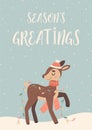 Seasons Greatings greeting card with cute cartoon deer character Royalty Free Stock Photo