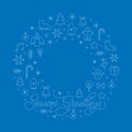 Seasons Greetings Card with Christmas Winter Signs on Blue Background. Vector Illustration. Text Royalty Free Stock Photo