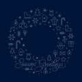 Seasons Greetings Card with Christmas Winter Signs on Night Blue Background. Vector Illustration Royalty Free Stock Photo