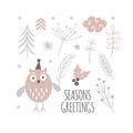 Seasons greetings card design, cute owl