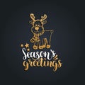 Seasons Greetings lettering on black background. Vector hand drawn Christmas illustration of toy plush deer. Royalty Free Stock Photo