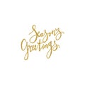 Seasons greetings lettering with golden glitter texture. Modern brush calligraphy, isolated on white background. Royalty Free Stock Photo