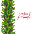 Seasons greetings text on watercolor christmas border of fir branches Royalty Free Stock Photo