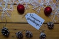 Seasons Greetings write on laber with wooden backgroud. Frame of Christmas Decoration Royalty Free Stock Photo