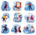 Seasons weather vector illustration set, cartoon flat weather condition collection of people in seasonal clothes Royalty Free Stock Photo