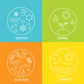 Seasons. The weather in winter, spring, summer and autumn. Round modern emblems weather all seasons.