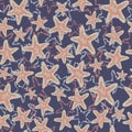 Seastar starfish pattern. Coral brown light blue sea stars on a dark blue background. Layered style