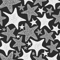 Seastars seamless pattern. Hand drawn vector marine animals illustrations on chalk board. Engraved style sea stars. Retro sea