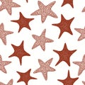Seastars seamless pattern. Hand drawn vector marine animals illustrations. Engraved style sea stars. Retro sea background