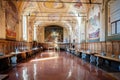 MONTE OLIVETO, TUSCANY. The canteen interior and frescoes of the Abbey of Monte Oliveto Maggiore is. Near Siena. Italy.