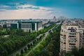 Seat of Romanian parliament, huge building in the centre of Bucharest, Romania on a cloudy summer day. View over the avenue Royalty Free Stock Photo