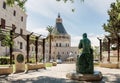 Seated bronze statue of Saint Joseph in a gazebo of Church of the Annunciation in the Nazareth city in northern Israel