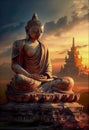 Seated Buddha looking at the sun at dawn. Ia generative.