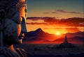 Seated Buddha looking at the sun at dawn. Ia generative.