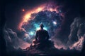 Seated Buddha in a Lotus Pose cosmic background and with mandala
