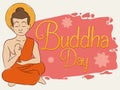 Seated Buddha Meditating with Brushstroke and Lotus Flowers for Vesak, Vector Illustration