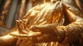 a seated large golden statue in a robe in a temple lends a helping hand, Golden Rule Day concept, banner