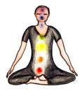 Seated in lotus position with chakras