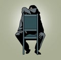 Seated man covering his face with the back of a chair. Social exclusion, invisible, homeless. Indifference. Phobias and fears