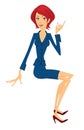 Seated red-haired woman in a blue suit. Business woman