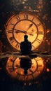 Seated before vintage clock, person engages in a reflective encounter with time.