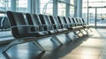 seater bench situating in airport, Empty metallic chairs in airport. Waiting room furniture photo. Airport departure or Royalty Free Stock Photo