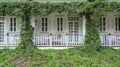 Seating on the balcony recreation place, Balcony surrounded by tropical style garden, Wooden terrace and green garden