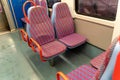Lisbon, Portugal - January 18, 2020: Seating inside the empty suburban commuter train going to Sintra from Lisbon, Portugal