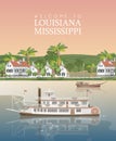 Louisiana. Mississippi River with steamboat and cute white houses on the shore