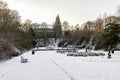 Seaton park central alley and St Machar`s Cathedral covered by snow in winter season, Aberdeen, Scotland