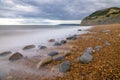 Seatown beach and view of Golden Cap the highest point on the south coast of England. Royalty Free Stock Photo