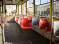Seats for passengers in an empty carriage of an old tram