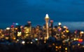 Seattle city scape with traffic light from highway at night time,Washington,usa. -blured. Royalty Free Stock Photo