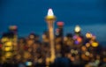 Seattle city scape with traffic light from highway at night time,Washington,usa. -blured. Royalty Free Stock Photo