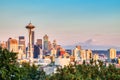 Seattle Cityscape with Mt. Rainier in the Background at Sunset, Washington Royalty Free Stock Photo