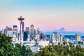 Seattle Cityscape with Mt. Rainier in the Background at Sunset, Washington Royalty Free Stock Photo