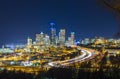 Seattle cityscape at night with traffic light on freeway,Washington,usa