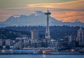 Amazing View of Seattle From Far Away with mountain tops on the horizon Royalty Free Stock Photo