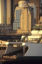 Seattle ferry, leaving waterfront at sunset Royalty Free Stock Photo