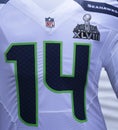 Seattle Seahawks team uniform with Super Bowl XLVIII logo presented during Super Bowl XLVIII week in Manhattan Royalty Free Stock Photo