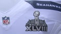 Seattle Seahawks team uniform with Super Bowl XLVIII logo presented during Super Bowl XLVIII week in Manhattan Royalty Free Stock Photo