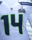 Seattle Seahawks team uniform with Super Bowl XLVIII logo presented during Super Bowl XLVIII week in Manhattan Royalty Free Stock Photo