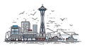 Seattle skyline illustration featuring the Space Needle and waterfront Royalty Free Stock Photo