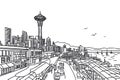 Seattle Skyline Illustration with Space Needle and Waterfront Royalty Free Stock Photo